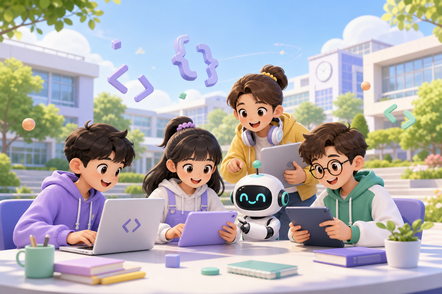 学生和智能学习伙伴在校园中一起练习编程